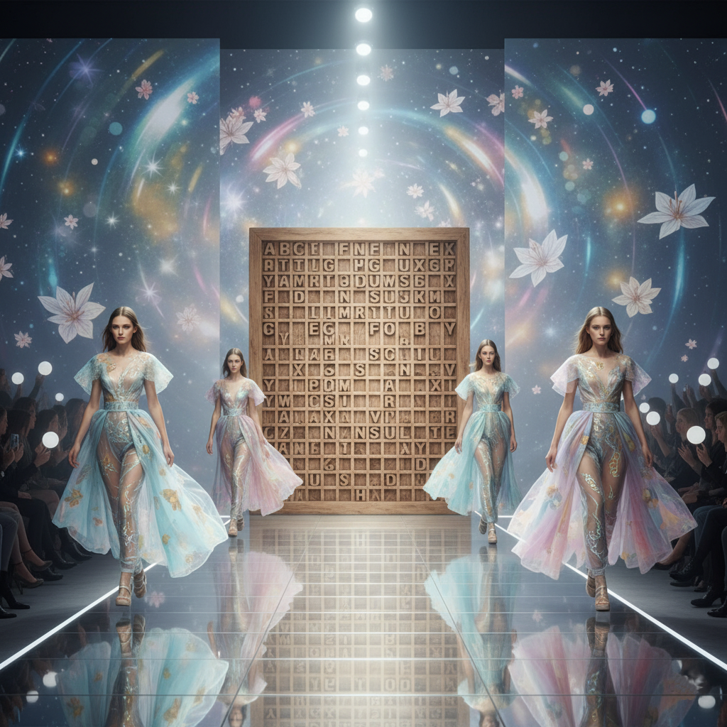 Image of a catwalk with models walking in a row on the left and right and in the middle at the end of the catwalk a word search game board