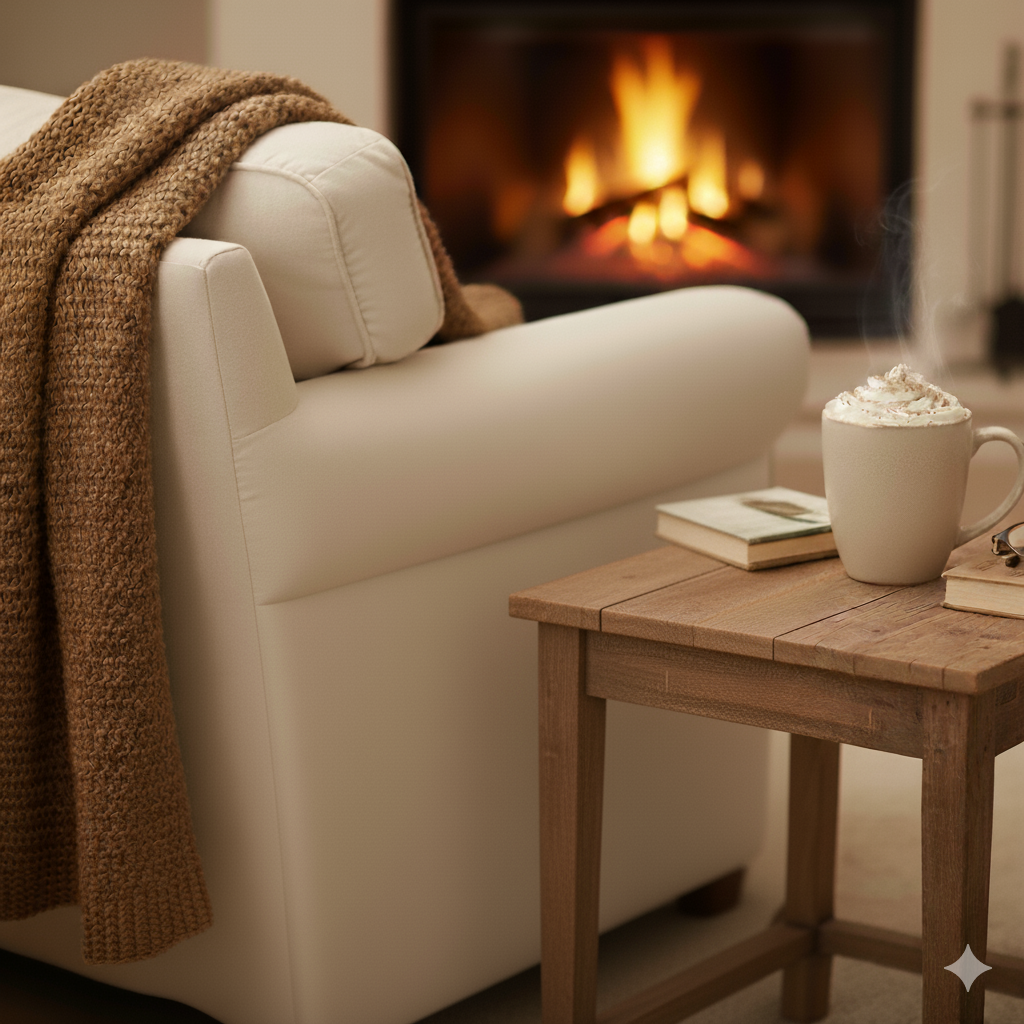 Cozy cream-colored living room with a sofa, fireplace, cup of hot chocolate with whipped cream and a word search grid with letters in the foreground