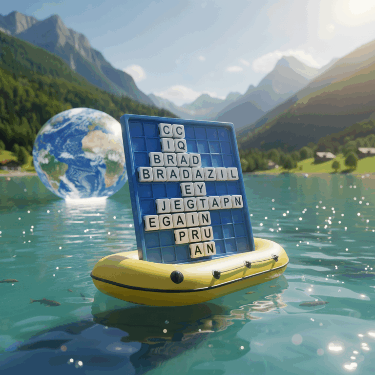 Image of a blue plastic word search board on a yellow inflatable boat in a blue lake in the mountains with a globe floating in the water in the background