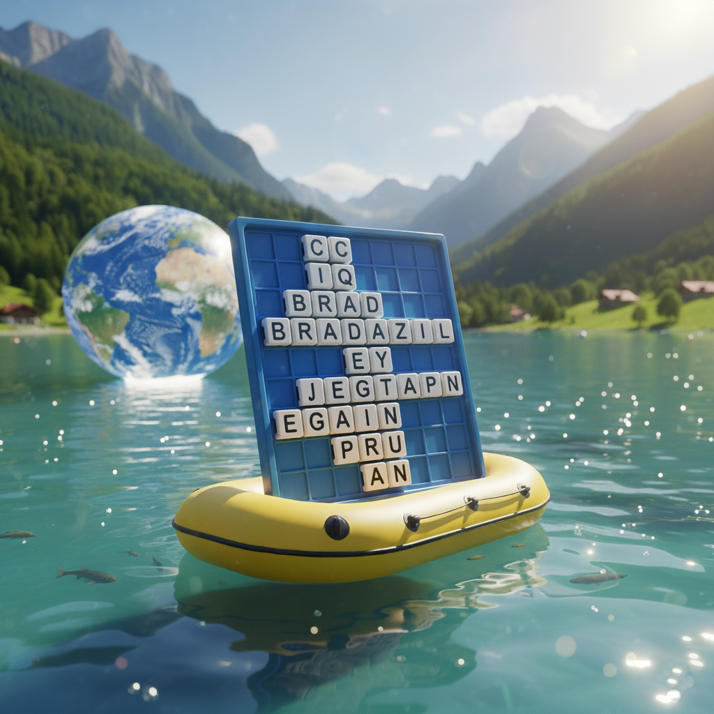 Image of a blue plastic word search board on a yellow inflatable boat in a blue lake in the mountains with a globe floating in the water in the background