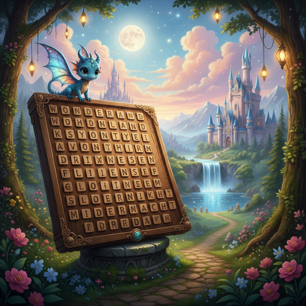 Word search board featuring a friendly dragon in a fairytale landscape with a river, a waterfall and a castle in the distance