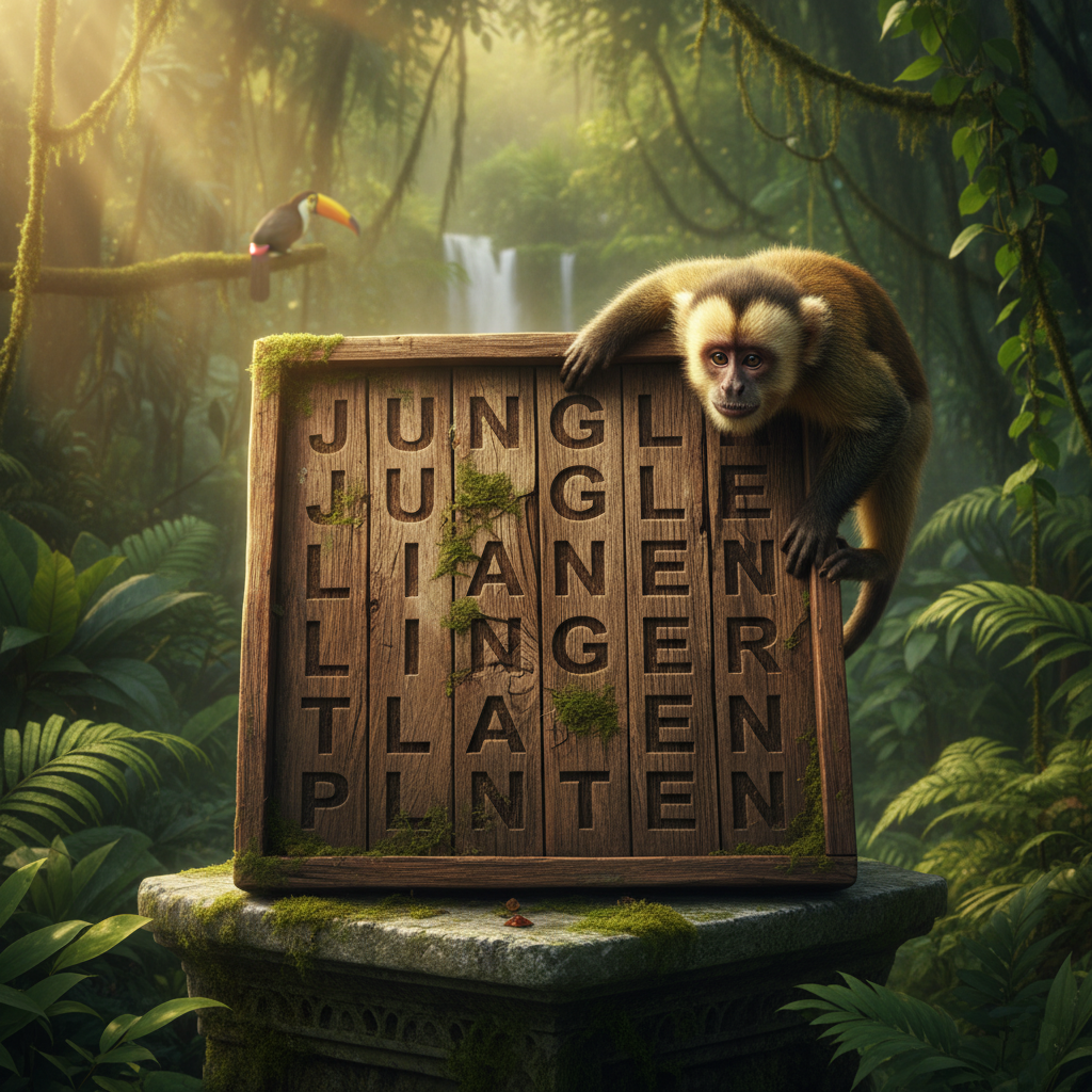 Atmospheric image of a word search board in jungle style with a monkey hanging halfway over it, with a green jungle in the background with a colorful bird in the tree