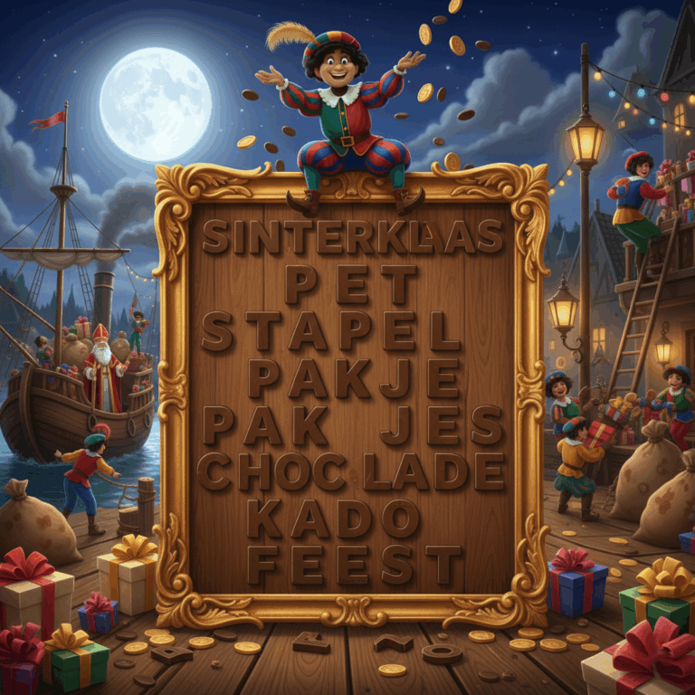 Woordzoeker bord gevuld met chocoladeletters met daarboven op zitten een vrolijk zwaaiende piet. Op de achtergrond een sfeervolle haven vol activiteiten met pieten en Sinterklaas die op de stoomboot staat
