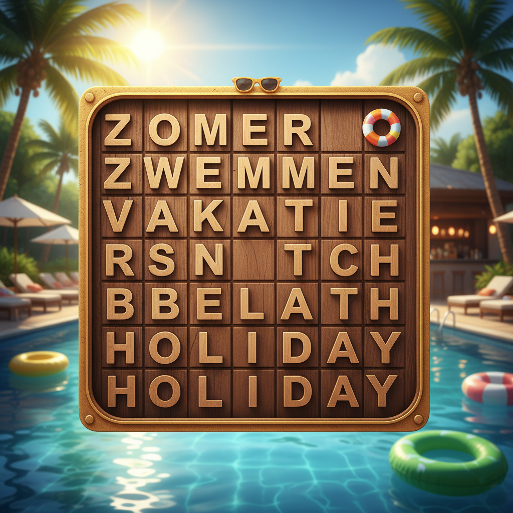 Wooden word search board with letters arranged like blocks. The background features a cartoon-like, atmospheric pool in a resort with palm trees, a lounge chair, and a small bar with a thatched roof