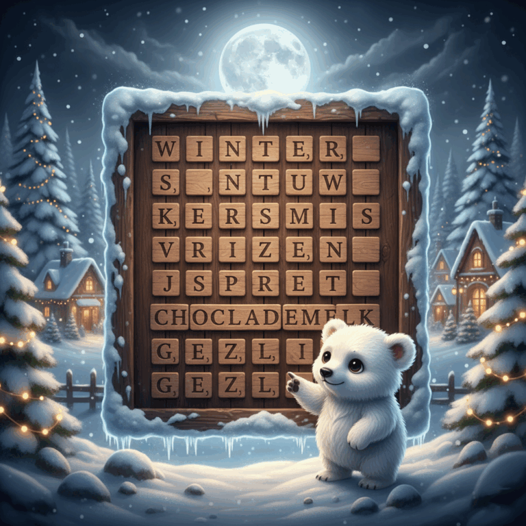 Winter-themed word search board, featuring a warm, atmospheric winter scene on a dark evening. Trees with lights and houses with their lights on are in the background. A friendly little polar bear stands next to the game board in the image.