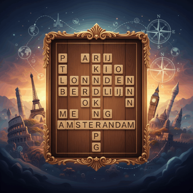 Word search grid with buildings of world cities in a dreamlike atmosphere in the background, displayed as an art object