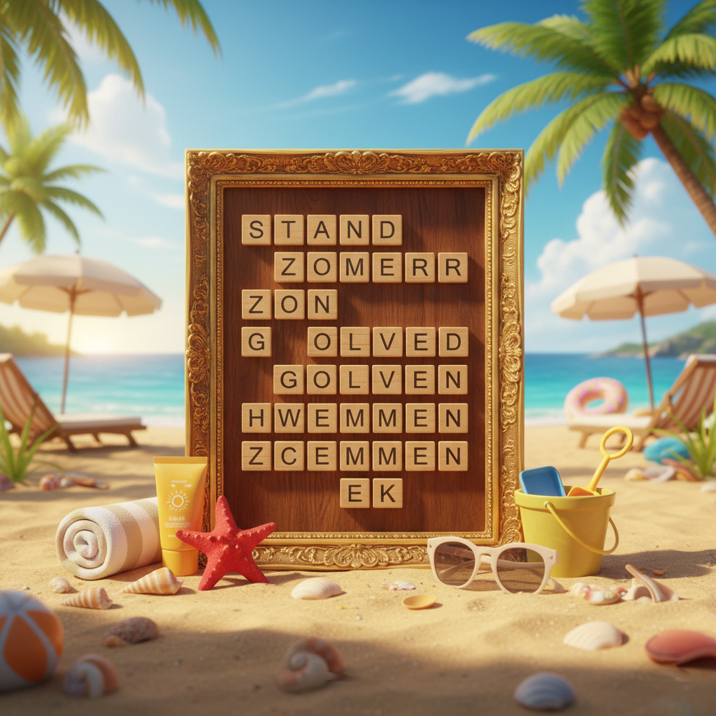 Word search grid with a beautiful summery sunny beach in the background with palm trees, sun loungers, parasols and beach items such as a bucket, starfish, towel, shells
