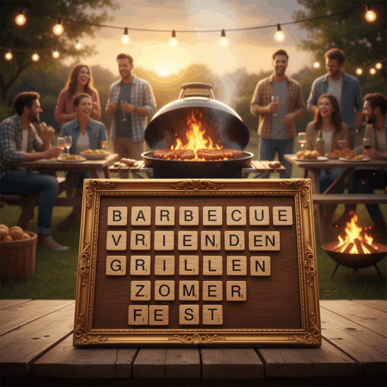 Word search grid with friends having a nice barbecue in the background, a cheerful and cozy scene