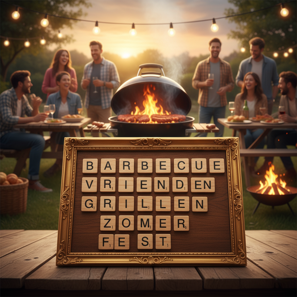 Word search grid with friends having a nice barbecue in the background, a cheerful and cozy scene