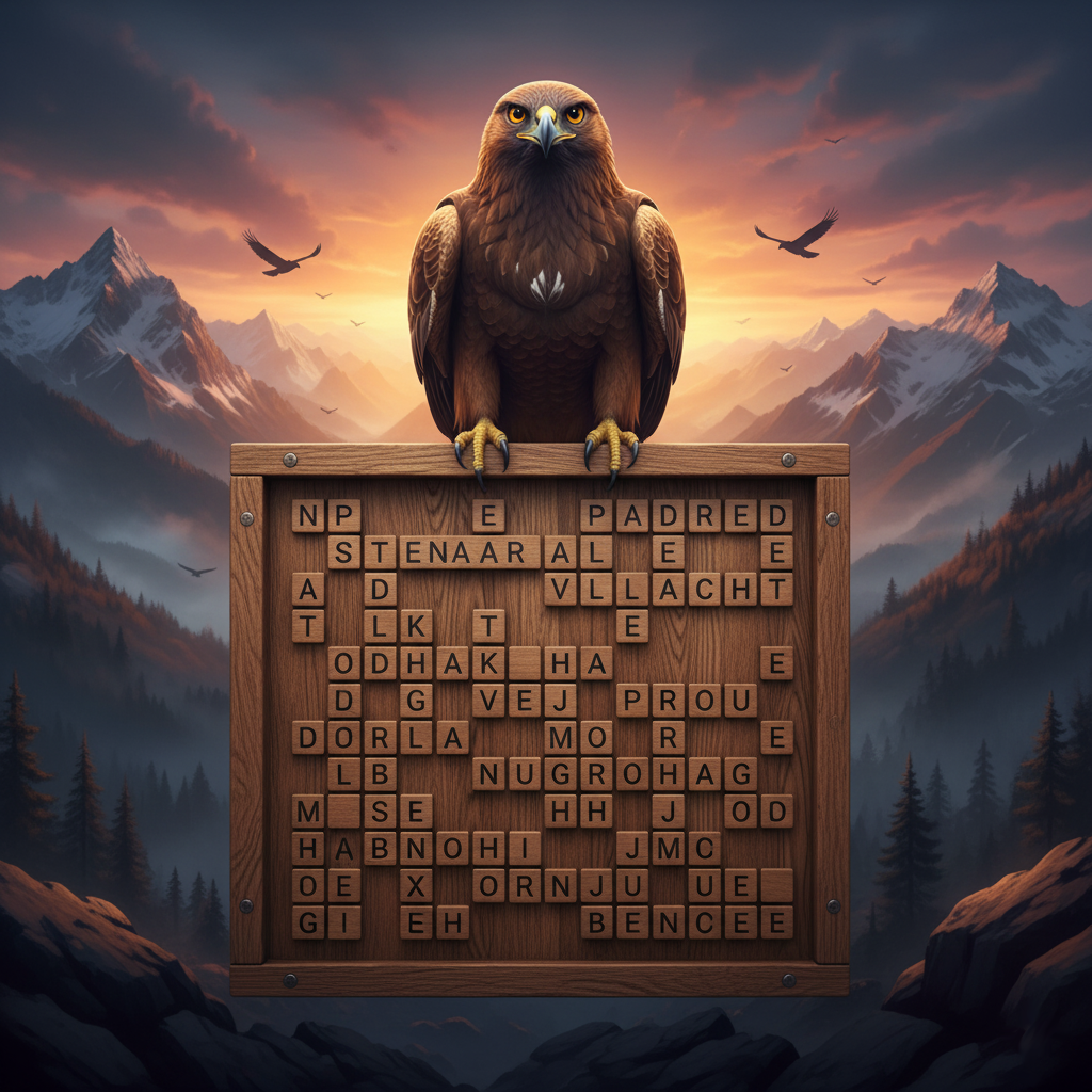 Golden eagle perched atop a wooden word search game board, with tall snow-capped mountains in the background and redbirds circling the sky in search of prey