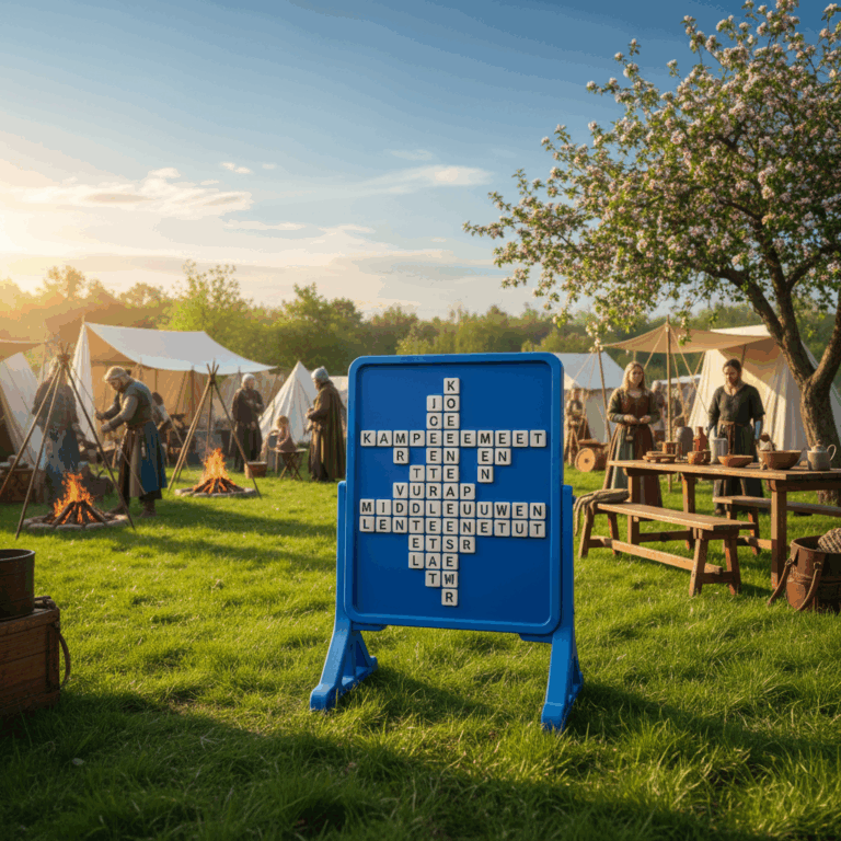 Medieval campsite, with the word search board in the middle of the field and in the background a medieval scene of tents and people cooking food outside on a fire