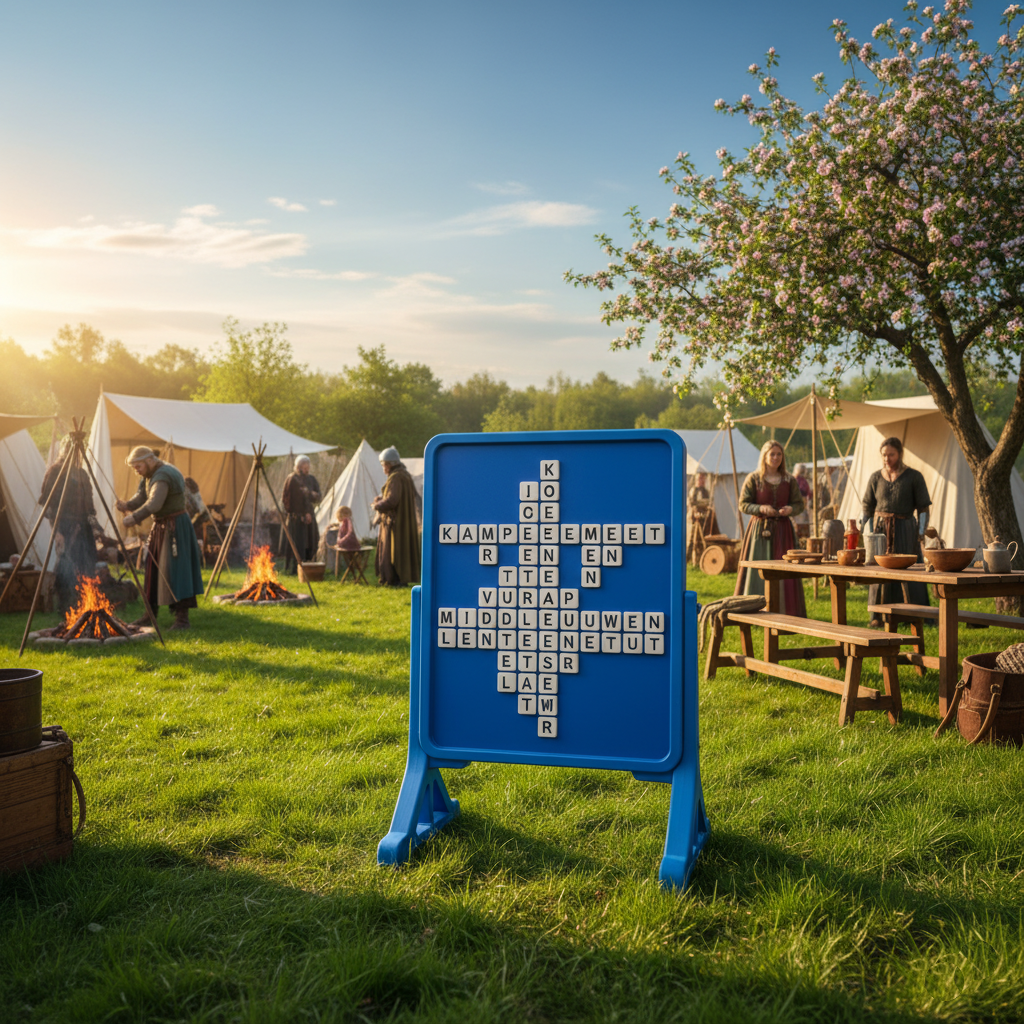 Medieval campsite, with the word search board in the middle of the field and in the background a medieval scene of tents and people cooking food outside on a fire