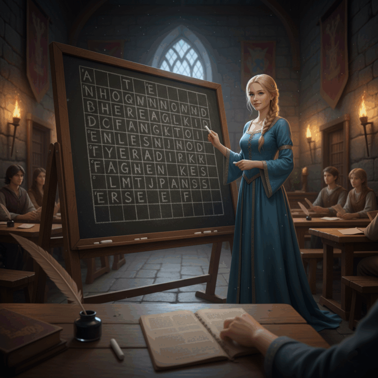 Medieval classroom with a board in the middle on which a blonde teacher has drawn a word search grid and students sitting around it in the warm light of torches on the walls