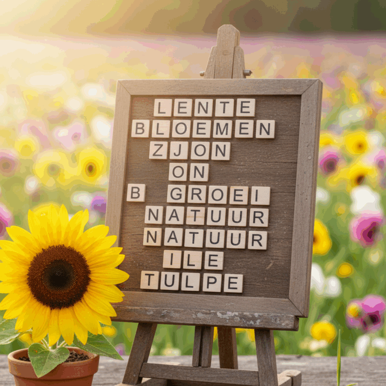 Wooden word search board in the foreground with flowers in the background and a pot containing a sunflower in the corner of the game board