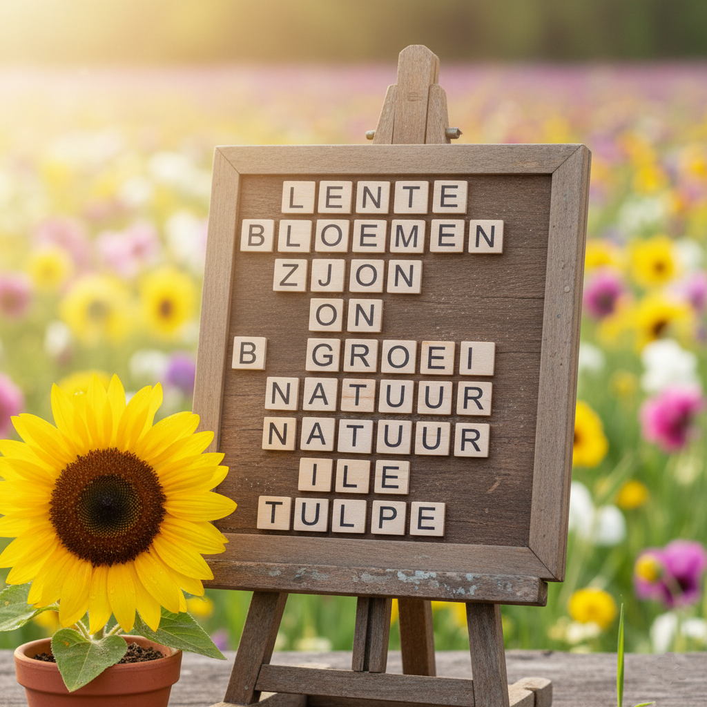 Wooden word search board in the foreground with flowers in the background and a pot containing a sunflower in the corner of the game board