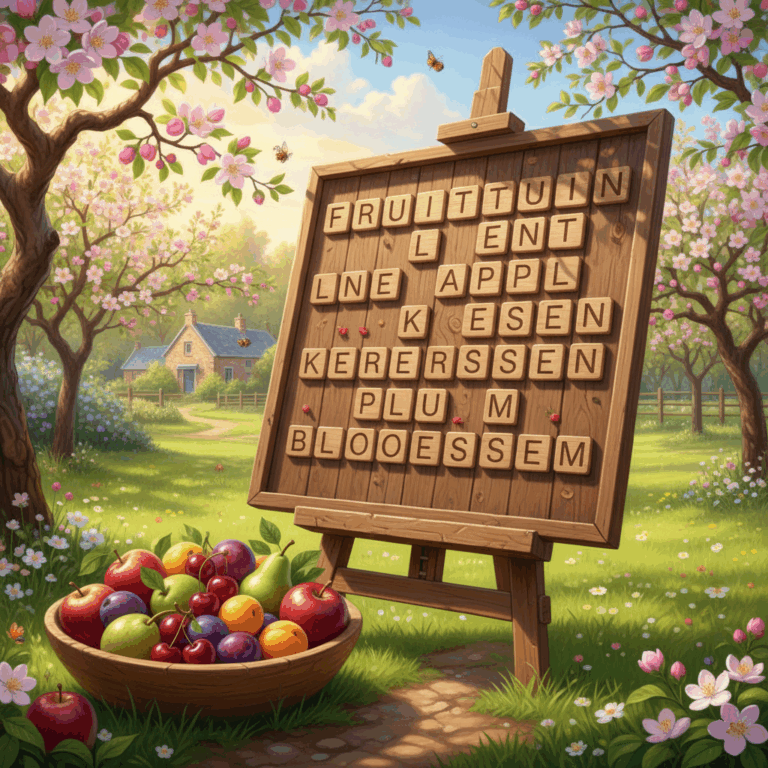 Wooden word search board on an easel, with trees in blossom on a spring day and a small farmhouse with a wooden fence around it in the background