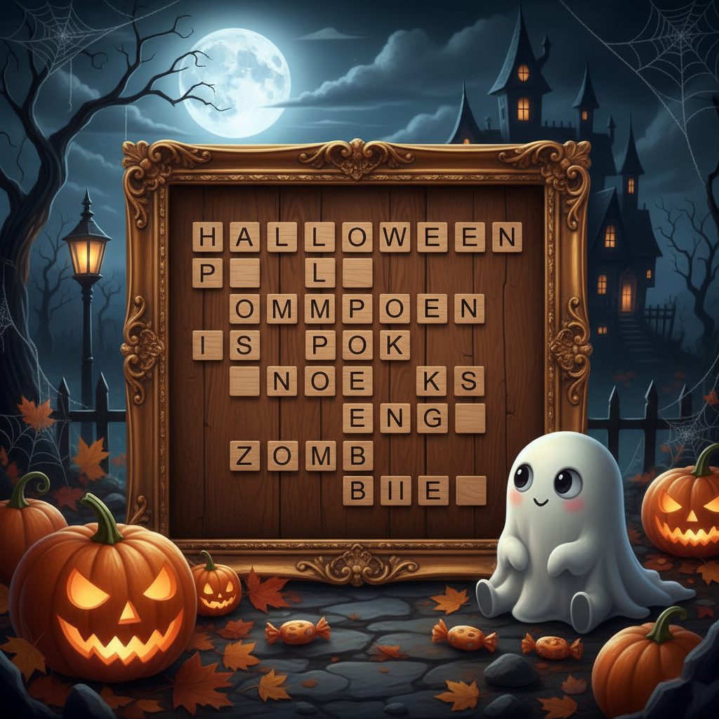Word search board with a dark castle in the moonlight in the background and next to the board a friendly looking ghost and some pumpkins around the board, some of which have a scary Halloween head that lights up.