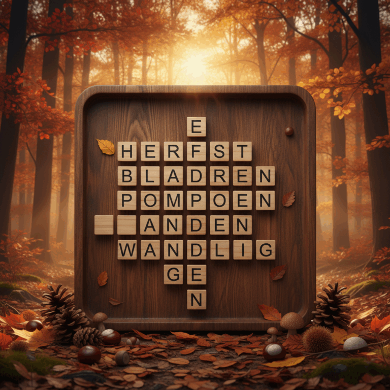autumn word search, wooden board with letters in an atmospheric autumn forest with warm autumn tones and leaves on the ground and here and there a pine cone