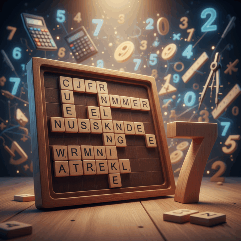 Word search board with floating numbers and calculators in the background and other mathematical tools such as a compass, next to the board is a wooden letter 7