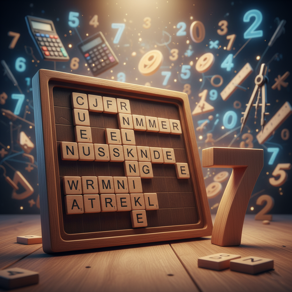 Word search board with floating numbers and calculators in the background and other mathematical tools such as a compass, next to the board is a wooden letter 7
