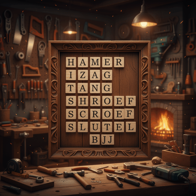 Word search board with tools around it and a cozy workshop with a fireplace to keep it warm in the background