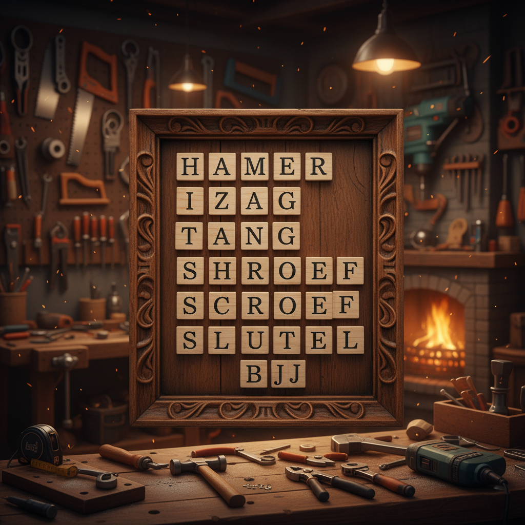 Word search board with tools around it and a cozy workshop with a fireplace to keep it warm in the background