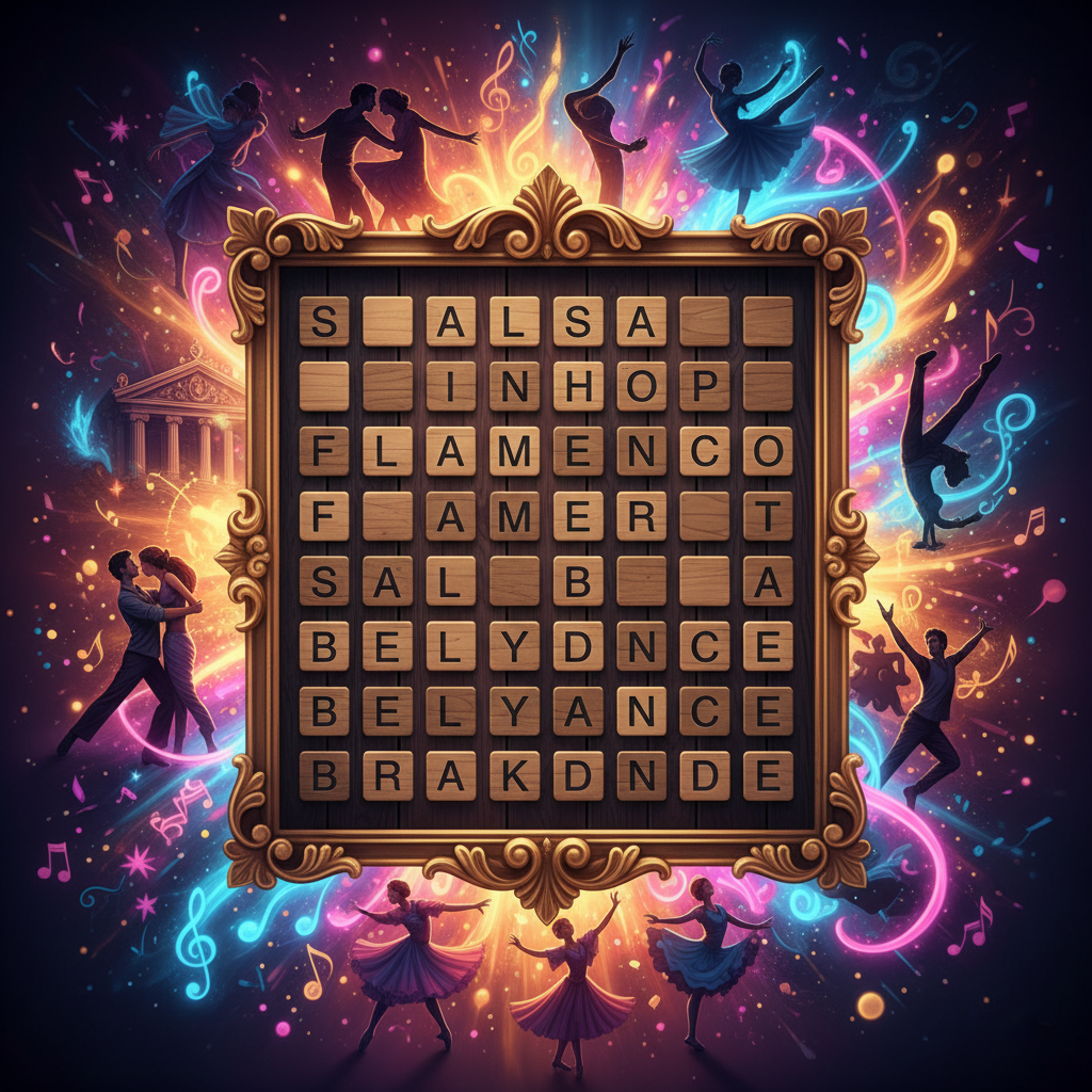 Word search board with a colorful background of colors and dancers imitating various dance styles