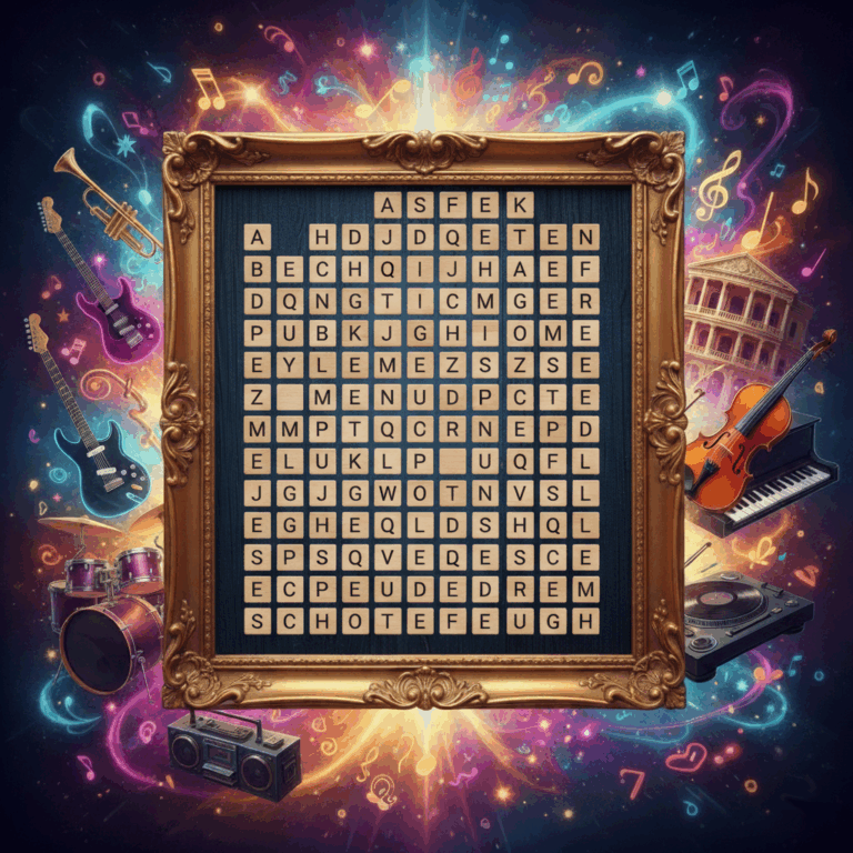 Word search board with a colorful background of colors, musical notes symbols with various musical instruments