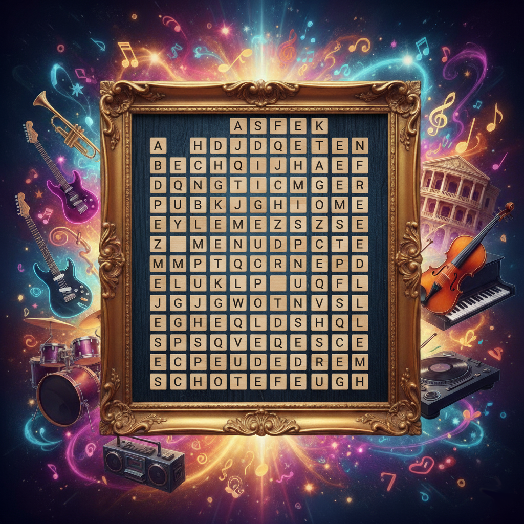 Word search board with a colorful background of colors, musical notes symbols with various musical instruments