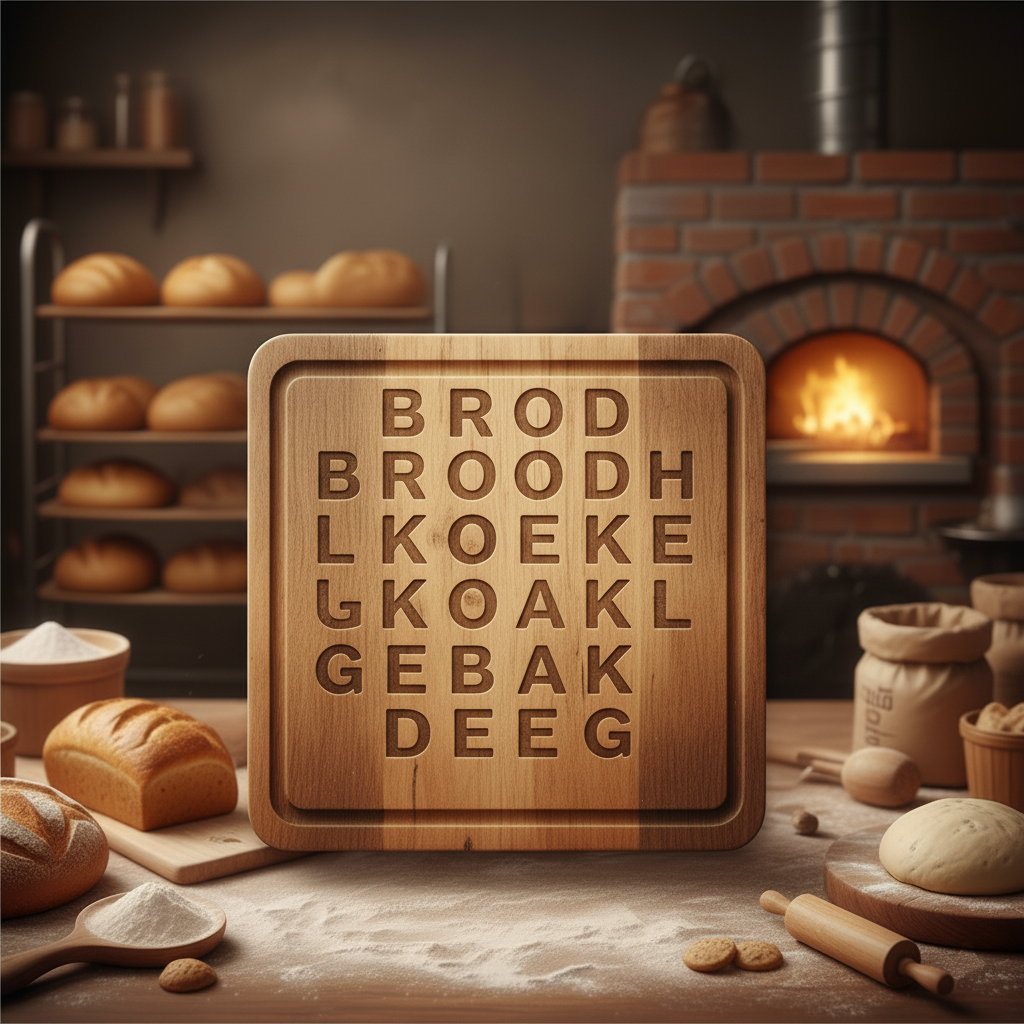 Atmospheric image of a wooden cutting board with letters against a cozy old-fashioned bakery in the background with a burning oven, the fire of which can be seen