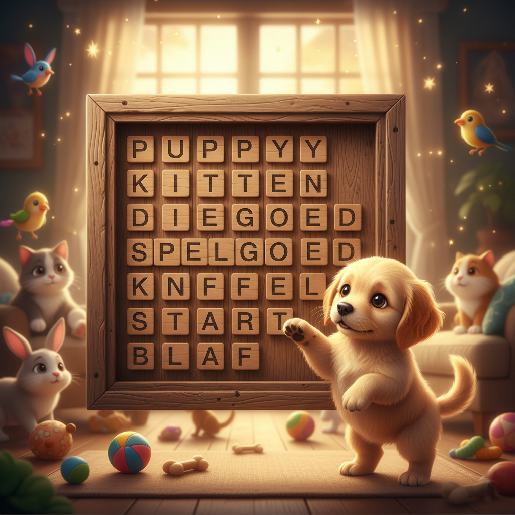 Word search board with fun cartoon images of animals, including a dog, cat, rabbit and birds