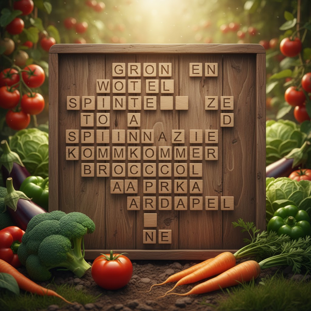Image of a wooden word search board with all kinds of vegetables in the background and carrots, tomatoes and broccoli in the foreground