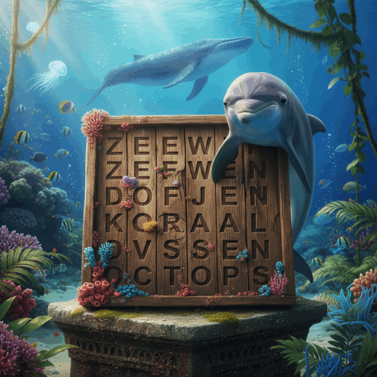 Atmospheric image of an underwater style word search board on the bottom of an atmospheric colorful ocean, with a dolphin in the foreground