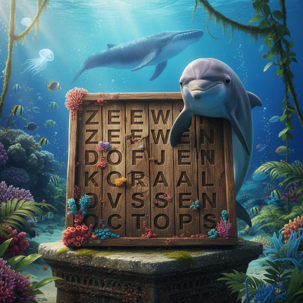 Atmospheric image of an underwater style word search board on the bottom of an atmospheric colorful ocean, with a dolphin in the foreground