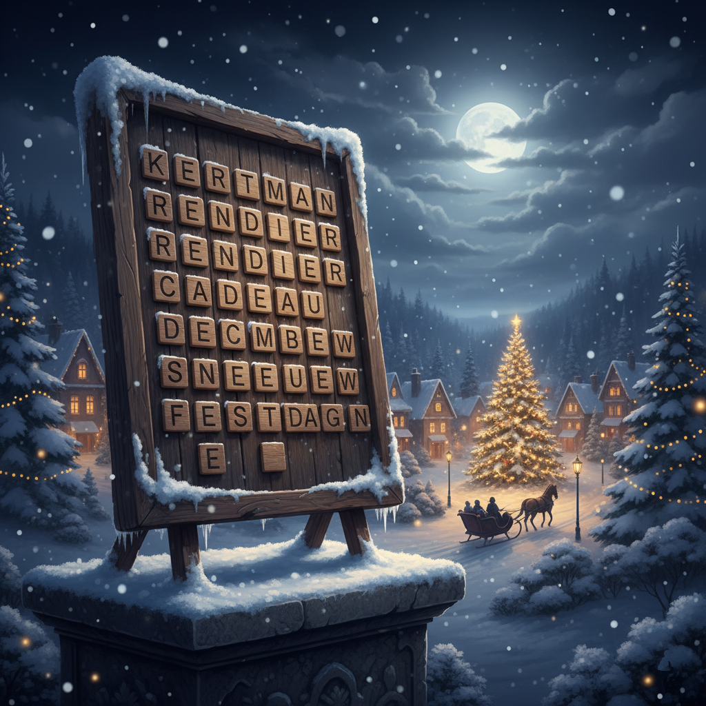Word search bord in the foreground, with a christmas tree and santa claus in his sledge at the background