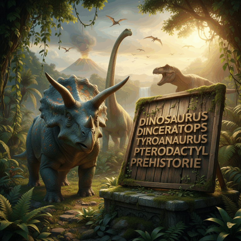 Atmospheric image of a word search board in a jungle full of dinosaurs, with a large dinosaur next to the wooden game board
