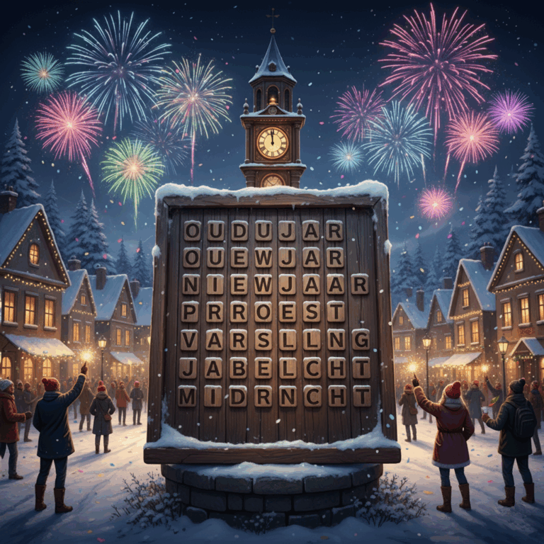 Church clock with the hands at 12 o'clock with fireworks in the sky and people on the street