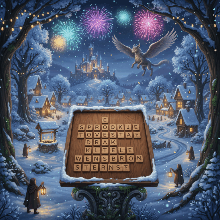 fairy tale image With fireworks, a unicorn and a village and castle on a hill in an evening winter landscape