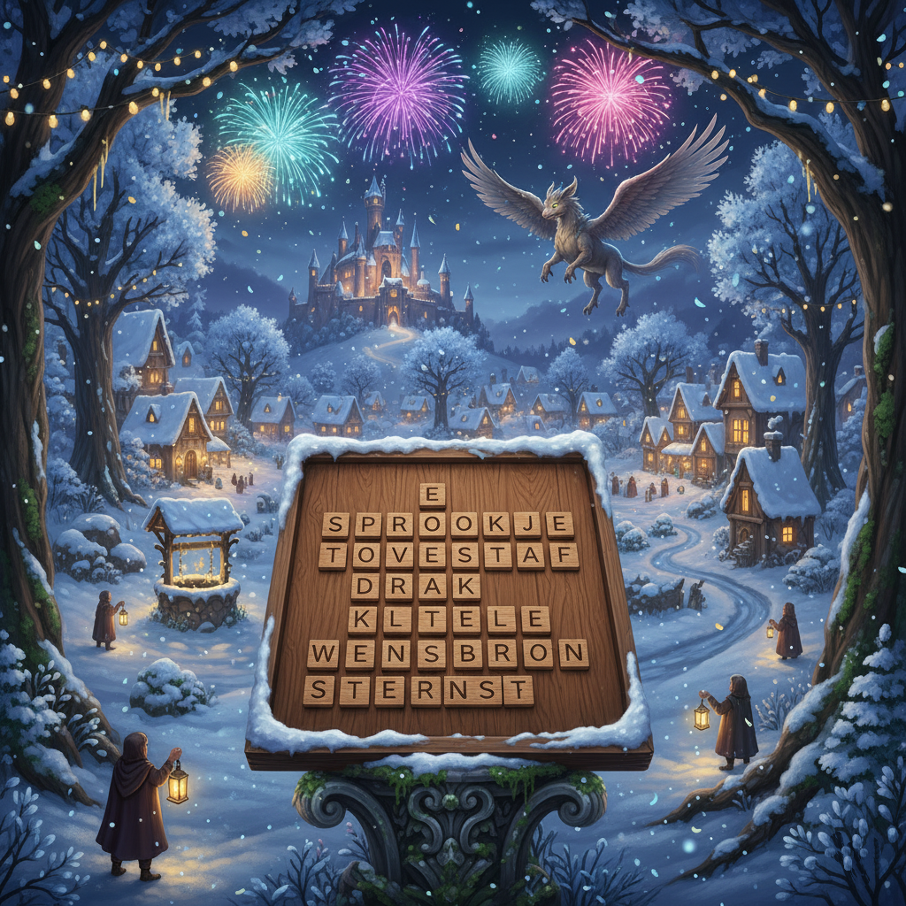 fairy tale image With fireworks, a unicorn and a village and castle on a hill in an evening winter landscape