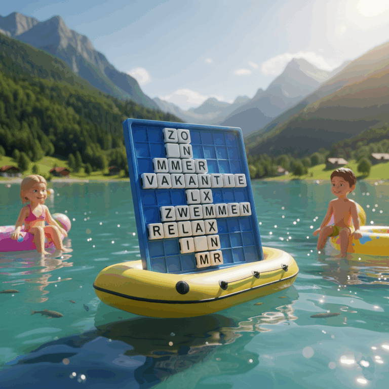 Blue plastic word search board in an inflatable boat floating in a blue lake in the mountains, with a yellow inflatable ring on the left and right with a girl and boy in swimwear sitting on it