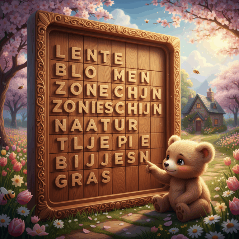 Wooden word search board, with a house in the background and trees in bloom, with flowers on their branches. A cute little bear sits next to the board, pointing at the letters on the board.